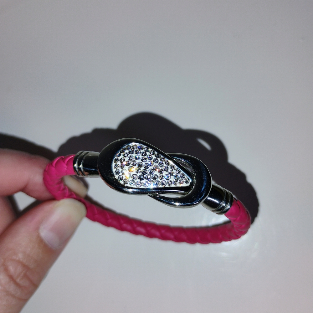 Pink Braided Leather Bracelet with Crystal Accent